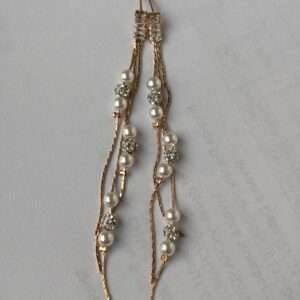 Rose Gold Pearl Drop Earrings, Crystal Studded Long Dangle Earrings for Women